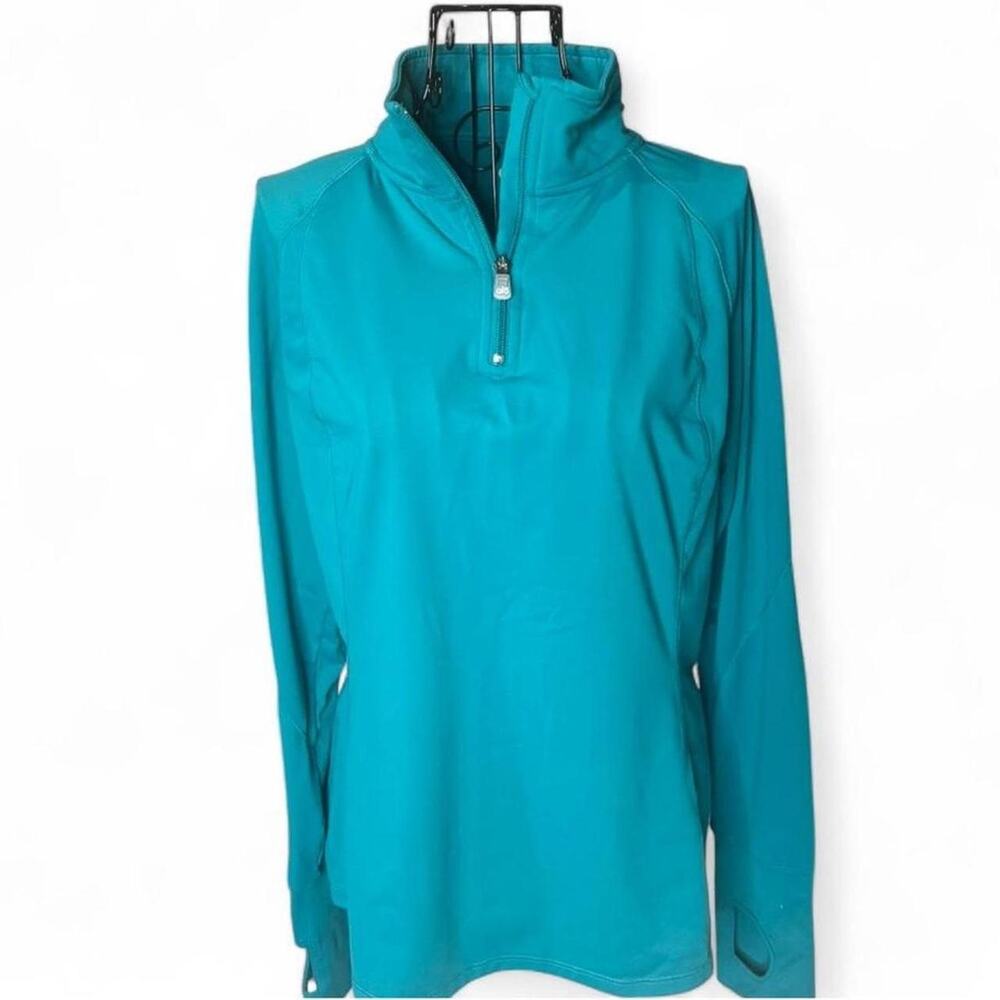 Alo Yoga Teal Blue 1/4 Zip Pullover Mock Neck Jacket Thumbholes Size Large